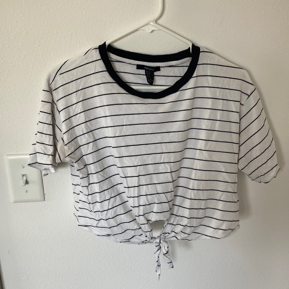 White and black stripped crop top with front tie